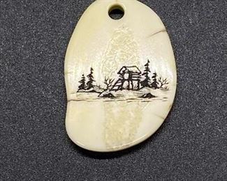Vintage Carved Etched Polished Bone Antler Pendant Signed