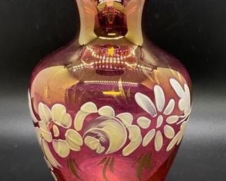 Vintage Hand Painted Cranberry Vase Rainbow Glass