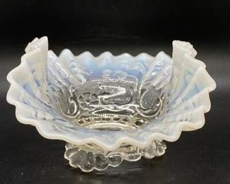 Vintage Opaque White to Clear Ruffled Edge Basket Dish Bowl