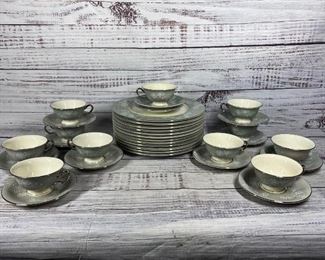 Castleton China Grey Pink Floral Lace Dish Set 47 pieces