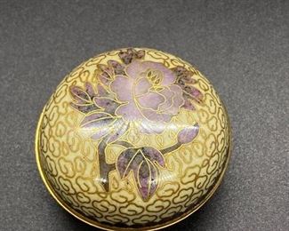 Floral Cloisonne Trinket Pill Box Dish Yellow Enamel Purple Flower