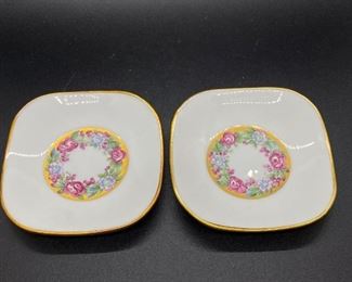 Matching Pair of Limoges France Hand Painted Floral Trinket Tea Bag Square Plates