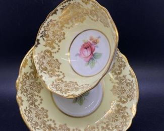 Ornate Gold Gilt Pale Yellow Rose Center Paragon Tea Cup and Saucer