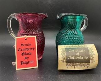 Pair of Pilgrim Glass Small Pitchers Cranberry Green COA