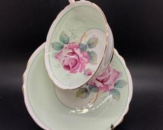 Pale Green w Pink Rose Paragon Teacup Saucer