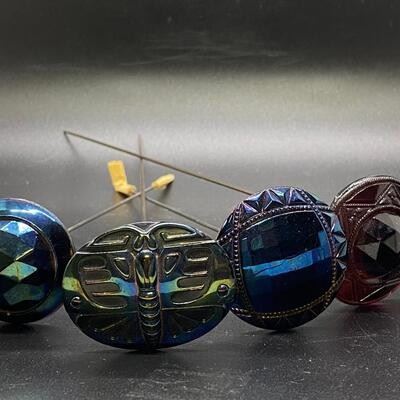 Set of 4 Vintage Antique Purple Violet Carnival Art Glass Hat Pins Czechoslovakia