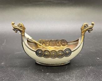 Vintage 925 Sterling Silver Enamel Viking Dragon Boat Salt Cellar w Spoon Norway