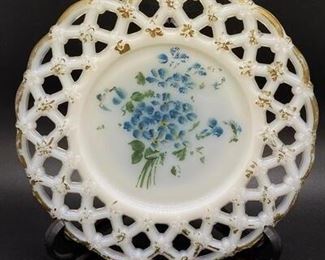 Vintage Flower Painted Opaque Milk Glass Lace Edge Plate