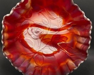 Vintage Imperial Red Flame Orange Slag Glass Rose Embossed Bowl