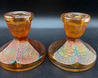 Vintage Jeanette Glass Iridescent Marigold Carnival Glass Candle Holders