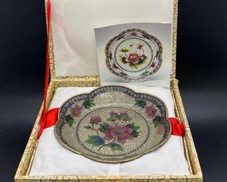 Vintage Translucent Cloisonne Plate Chinese Blossoms of the Four Seasons Summer Lotus