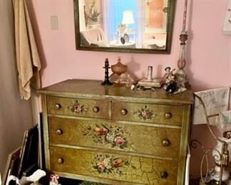 PAINT DECORATED CHEST, MIRROR, IRONSTONE PITCHER, etc. 