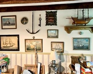 NAUTICAL ITEMS…PAINTINGS, EARLY IRON ANCHOR, BOAT MODELS, etc. 