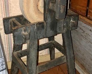 EXCEPTIONAL GRINDING WHEEL WITH WOODEN STAND IN ORIGINAL BLUE PAINT 
