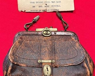 CIVIL WAR ERA LEATHER PURSE W/ NOTE ABOUT ITS HISTORY 