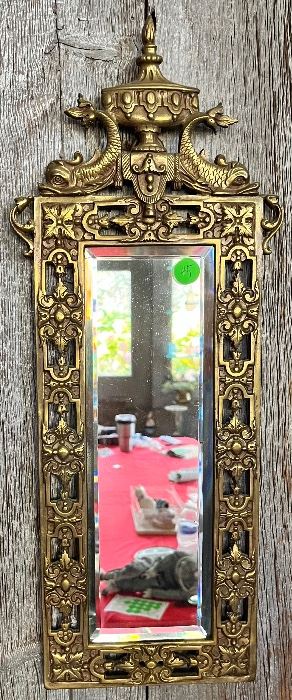 ORNATE BRASS WALL MIRROR W/ DOLPHINS…ATTRIBUTED TO B & H…BRADLEY & HUBBARD 