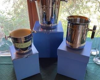 New In Box Jean Couzon “Greco Blue” Champagne Bucket, Water Pitcher and Ice Bucket