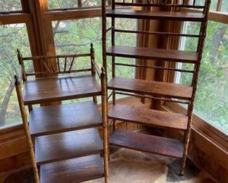 Two antique bamboo Adirondack display shelves