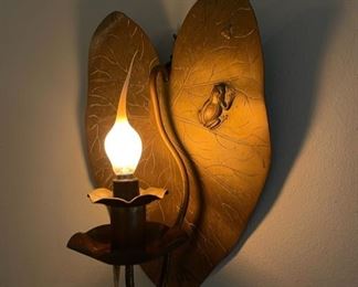 Antique brass Lilly Pad wall sconce with frog and fly detail