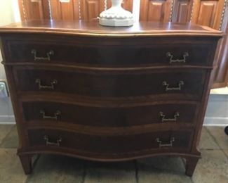 Antique serpentine front chest of drawers with burl inlay.  $750.  NOW $375.    44” long, 35.5” tall, 22 deep