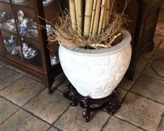 White/celadon Asian fishbowl on stand with bamboo stalks. $400.  NOW $200.   25” tall with stand, 20.5” diameter