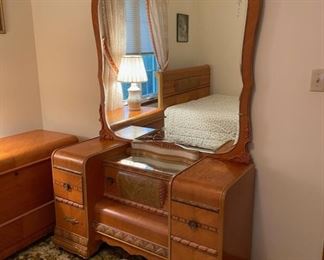 Beautiful Vintage Waterfall Bedroom Set,  Full Bed, Upright Dresser, Vanity with Matching Chair and Trunk