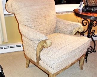 Distressed scroll back armchairs