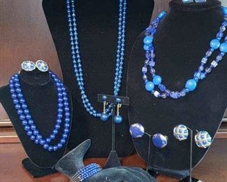 Blue 3 Necklaces, 1 Bracelet  5 Pair Of Earrings