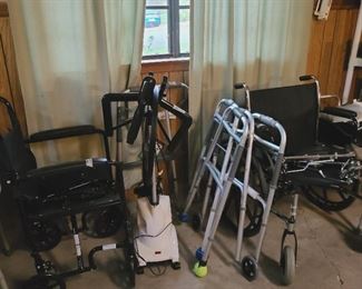 Garage - 2 wheelchairs - both extra large with 300-350# weight limits; extra wide rolling walker; canes, other walkers