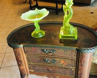 Mid 19th c  French sewing table along with  Boston and Sandwich Glass co canary yellow Dolphin  candlestick and Dolphin compote  from the estate of the Cooper family in  New York 