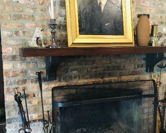 antique fire tools, fire screen and painting of Paul Cooper, who died at Ft Bragg in 1917 from the Spanish Flu