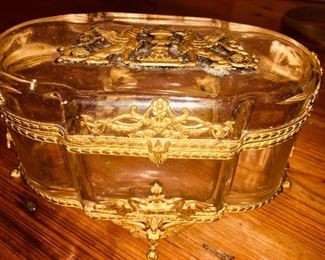 French Empire Ormolu Gilded Dore Bronze and Crystal Jewelry Casket  (features Winged Lions)