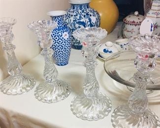 Two pairs of early Baccarat candle sticks and a Val Lamberts  bowl
