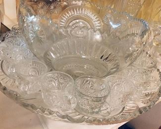 fine old crystal punch bowl, underplate, and cups
