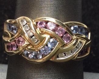 10K PINK, BLUE, WHITE TOPAZ GOLD RING, JEWELRY