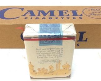 EARLY 1900’S RJR FACTORY #7 CAMEL CIGARETTES
UNOPENED IN CARTON, PACKS IN MINT CONDITION,
TAX STAMP FROM INDIANA, 
CARTON HAS OPEN TABS ON BOTH ENDS