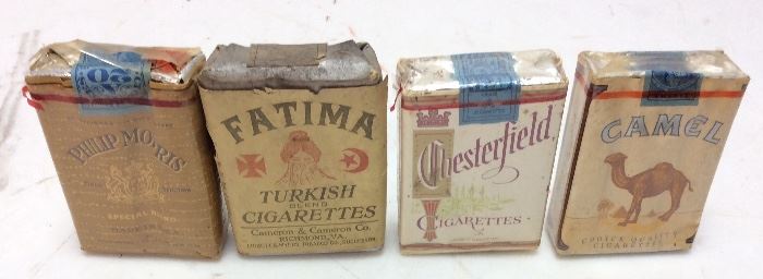 4 EARLY 1900s CIGARETTES, UNOPENED
FATIMA, PHILLIP MORRIS, CHESTERFIELD & CAMEL ADVERTISING