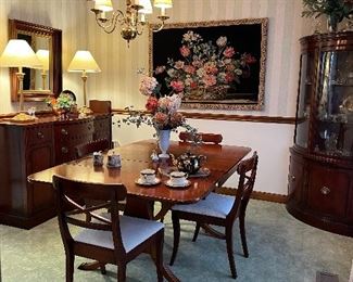 Dining table, 2 leaves, 4 chairs & table pads. Drexel Sideboard, tapestry & corner cabinet