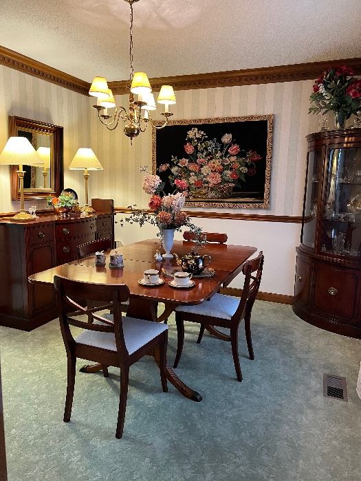 Dining table, 2 leaves, 4 chairs & table pads. Drexel Sideboard, tapestry & corner cabinet