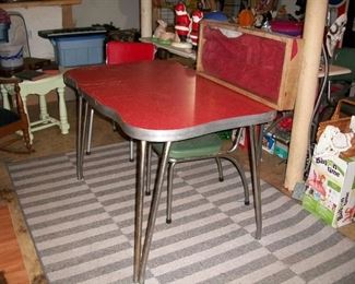 vintage dinette table, a display case, 3 odd chairs