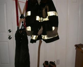 Fairfield lieutenant fire fighter uniform with pants, jacket, boots (size 10) helmet and axe from the 1970s