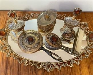 Vintage brass Ormolu vanity set - brush, comb, mirror, two perfume decanters, trinket box, clock and tray!