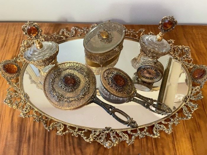 Vintage brass Ormolu vanity set - brush, comb, mirror, two perfume decanters, trinket box, clock and tray!