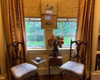 Fine pair of ladies side chairs with leopard print seat coverings