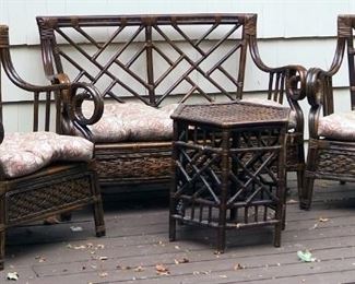 Wicker And Rattan Four Piece Settee Including Bench, Armchairs And Cocktail Table, Bench 35" x 50" x 24, Chairs 36" x 26" x 24", Table 22" x 23" x 23"