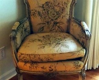 Antique Carved Wood Accent Chair, With Upholstered Seat, Back And Armrest 39" x 28" x 20"