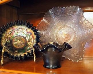 Cobalt Blue Carnival Glass Leaf And Berry Hat Bowl, Carnival Glass Acorn And Leaf Ruffled Edge Bowl, And Irridescent 11" Bowl