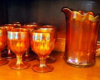 Marigold Carnival Glass Beverage Set, Including 8" Pitcher And 8 Stemmed Goblets