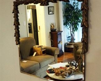 Antique Beveled Glass Mirror With Gesso Wood Frame, 26" x 26"