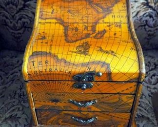 Jewelry Box With Cartography Design, Interior Mirror, And Two Drawers, Antique Music Box and Painted Jewelry Box